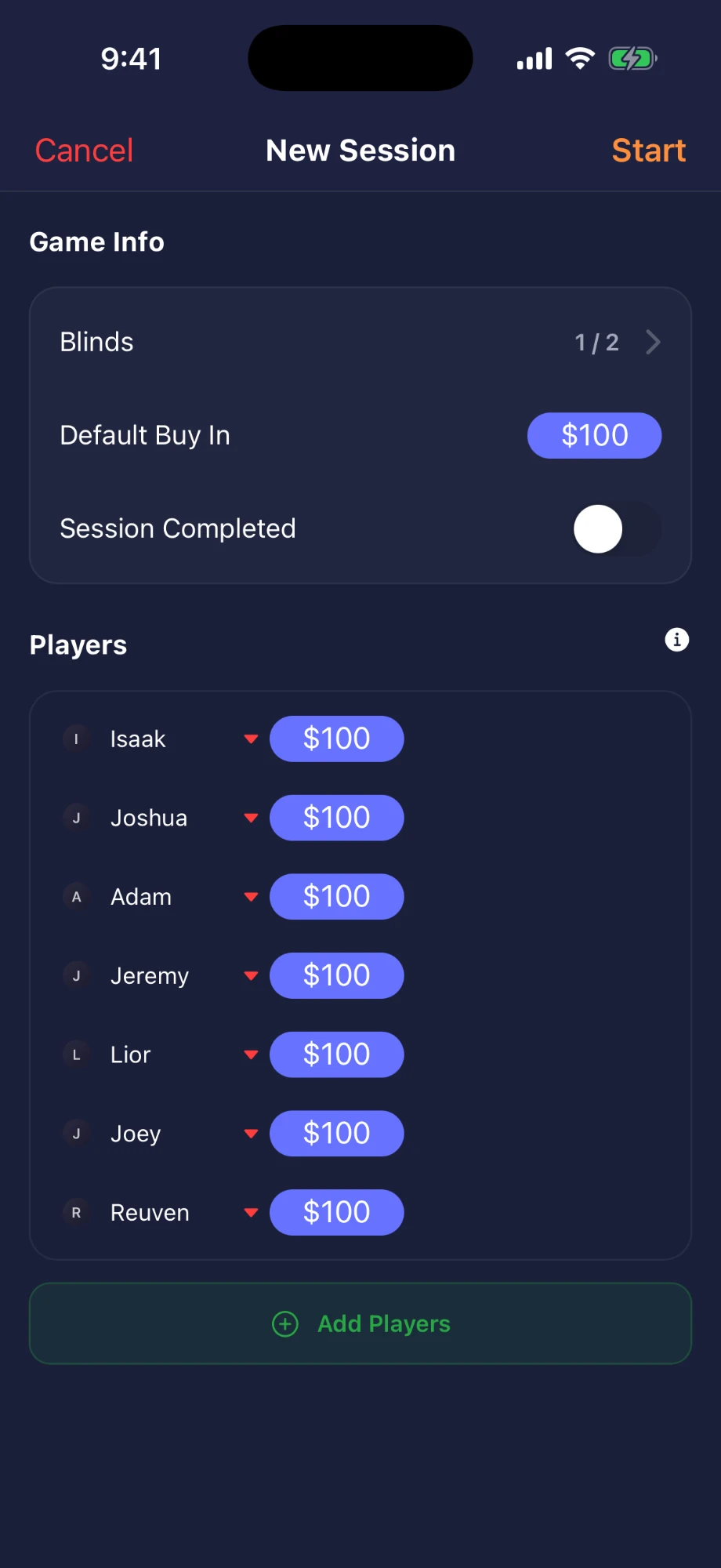 The New Session screen: 1/2 blinds, a $100 default buy-in and seven players added